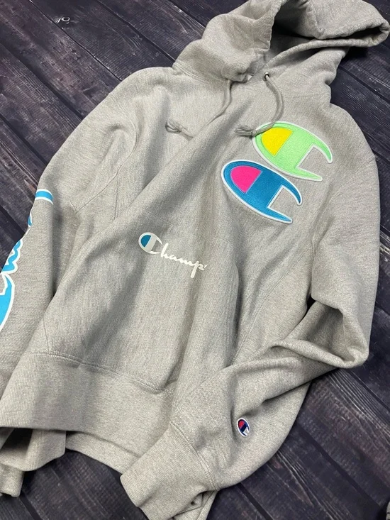 Champion Gray Reverse Weave Neon Multi-Logo Big C Hoodie Size Medium - Picture 11 of 12